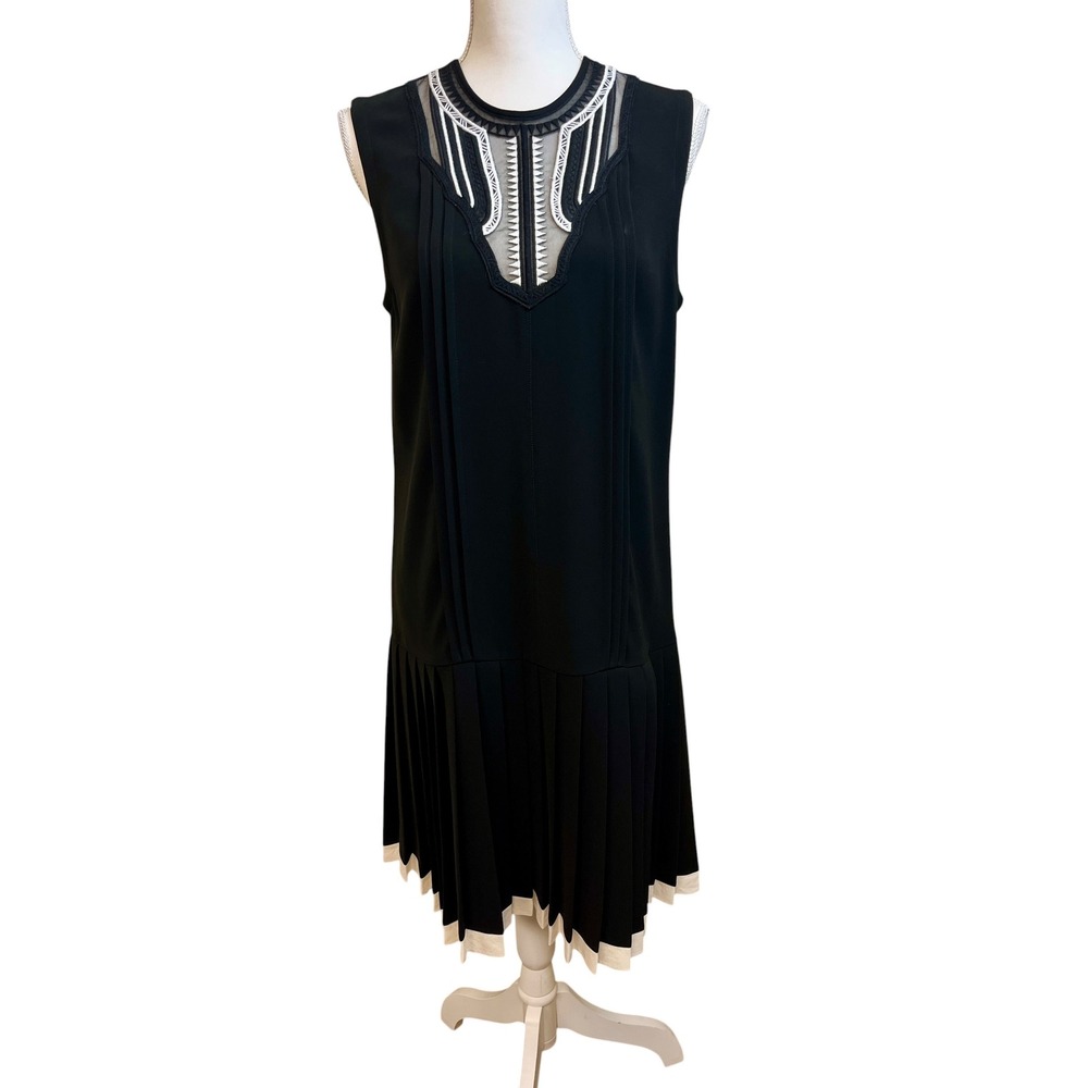 YIGAL AZROUEL Sleeveless Drop Waist Pleated Dress Sz 8 Black Silk Art Deco